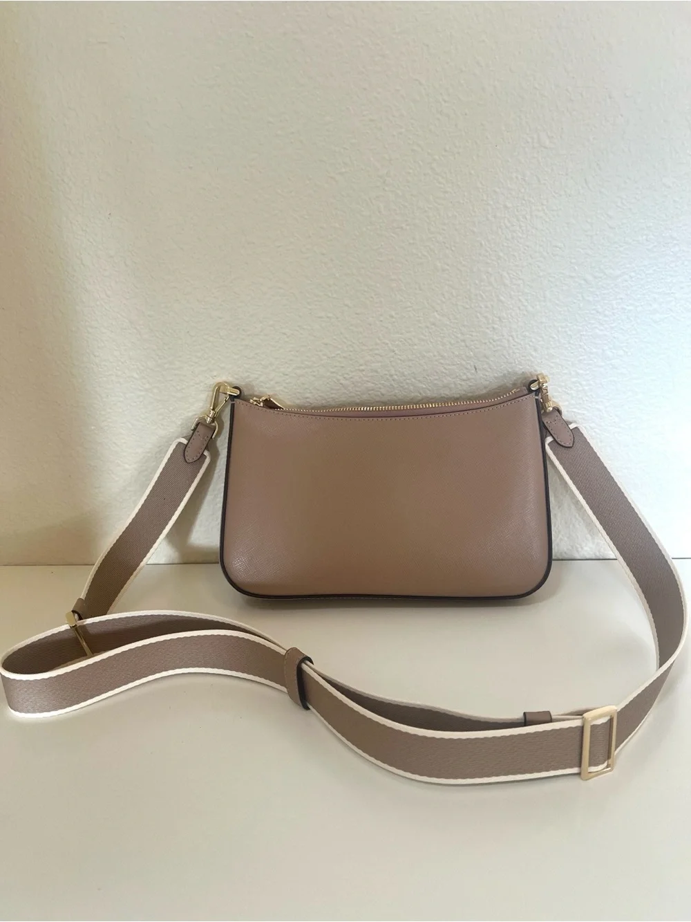 Kate Spade Taupe Pebbled Leather Crossbody with Striped Strap